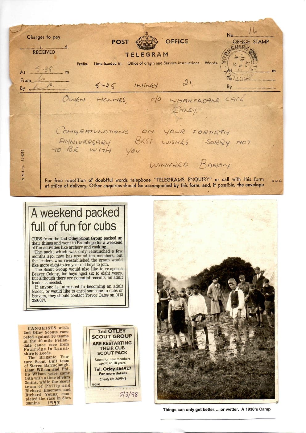A Post Office telegram and newspaper cuttings from the group's archive