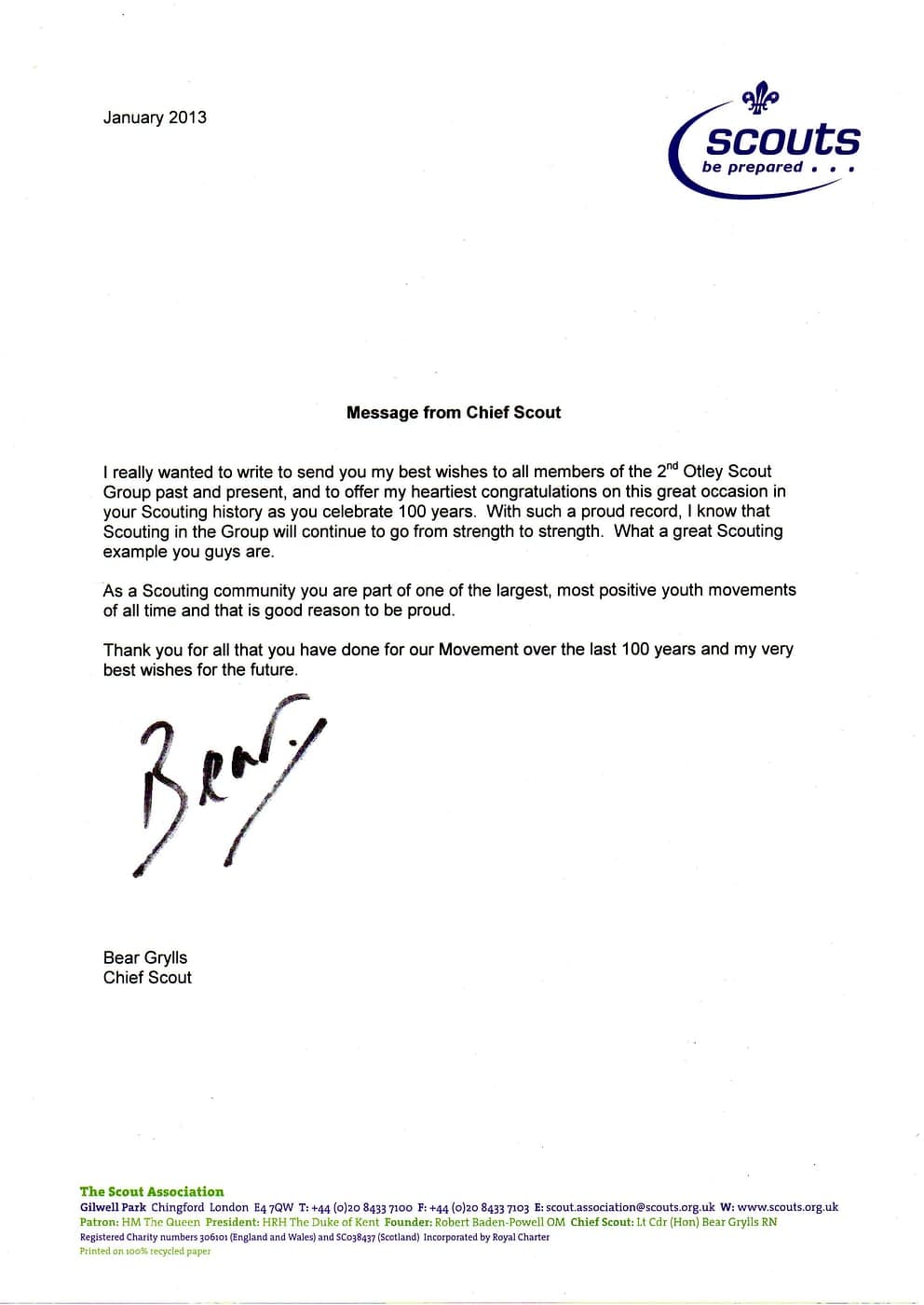 Letter from Chief Scout Bear Grylls congratulating the group on its centenary