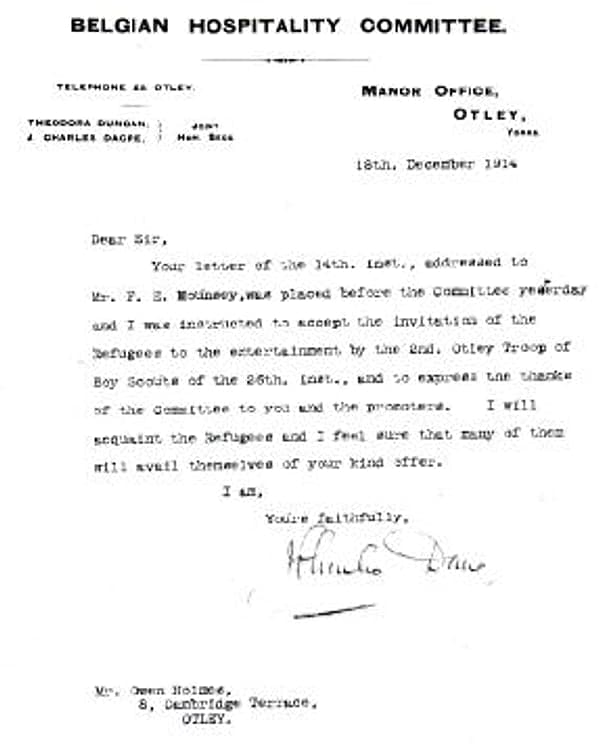 A typed letter dated 18 December 1914 from the Belgian Hospitality Committee, Otley, thanking the 2nd Otley Scouts