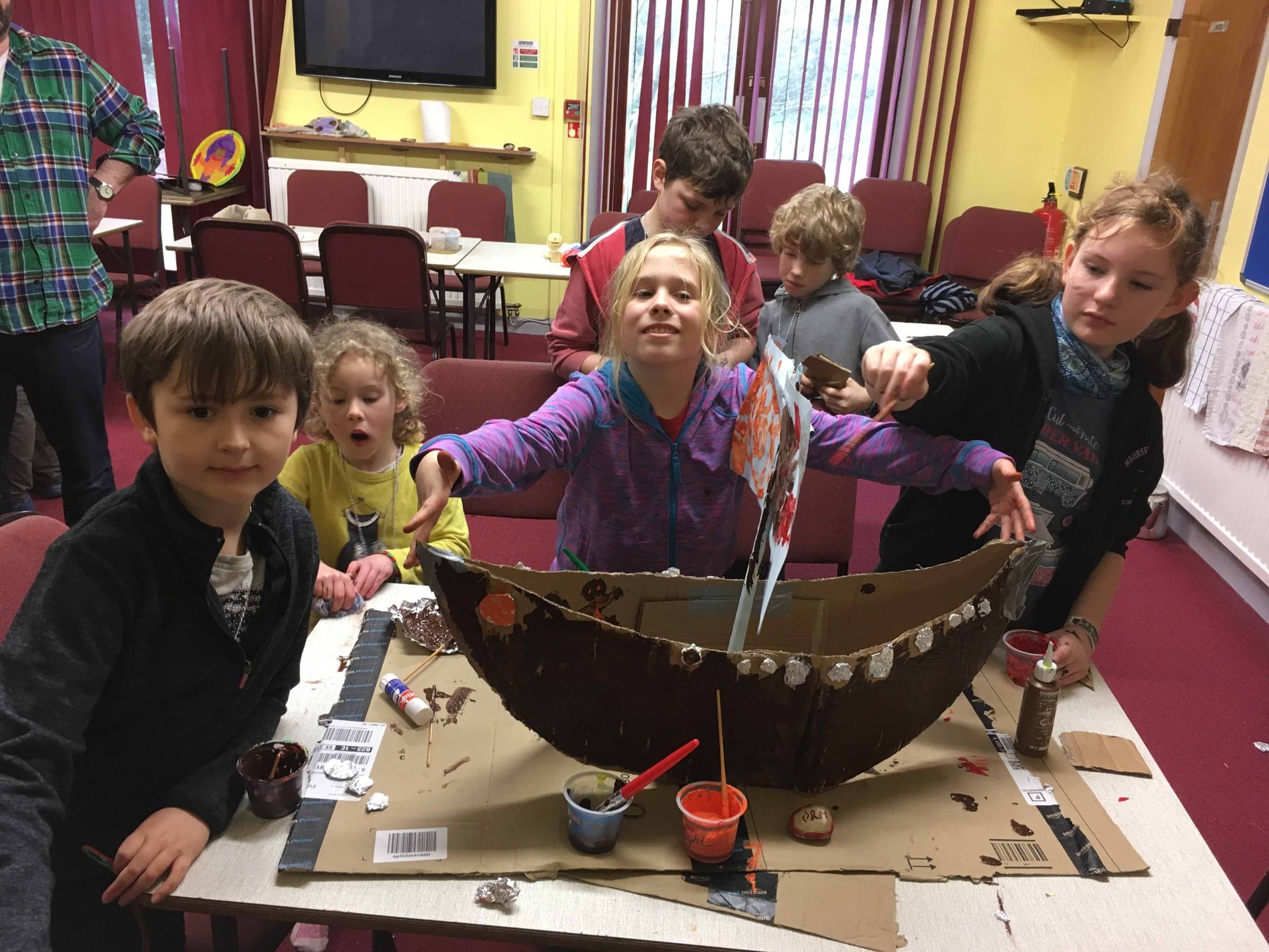 Building a cardboard Viking long boat at Cub Camp.